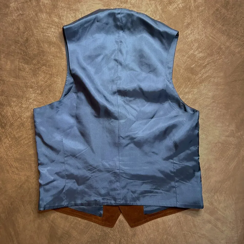 Vintage 90s Homemade Vest Brown Faux Suede Satin Blue Sleeveless Western Retro